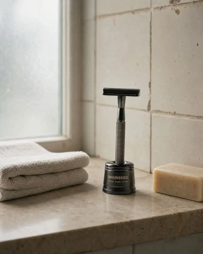 A safety razor on a bathroom shelf