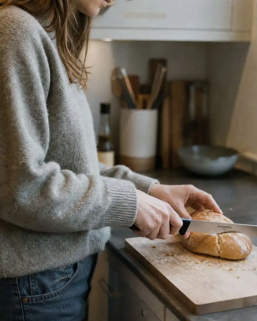 Slicing bread in a calm kitchen