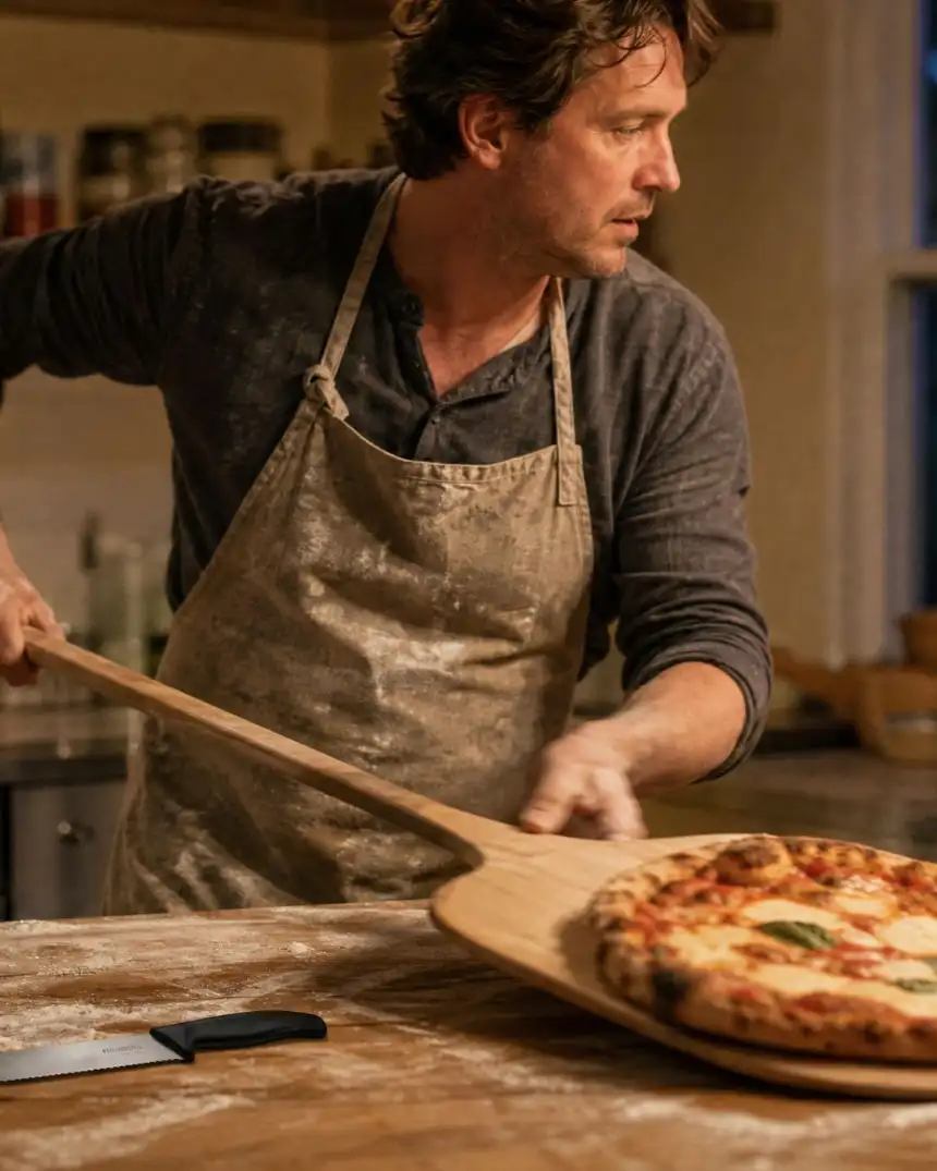 A pizza on a wooden peel